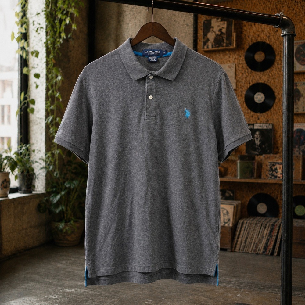 US Polo Assn Luxury Feel Grey Polo Shirt Medium Turquoise Logo Mens Heathered